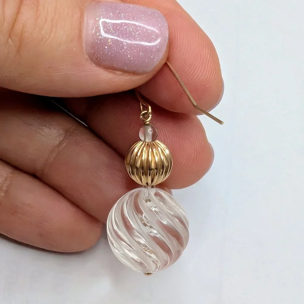 CHARLES GARNIER Paris 14K YG Carved Quartz Swirl Dangle Pierced Earrings - Picture 5 of 5